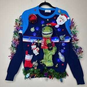 Ugly Christmas Sweater Singing Dinosaur LIGHTS UP Tacky Tinsel Xmas Party Winner